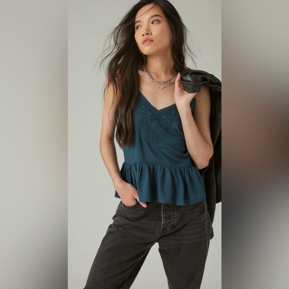 Lucky Brand Teal Lace Accent Blouse